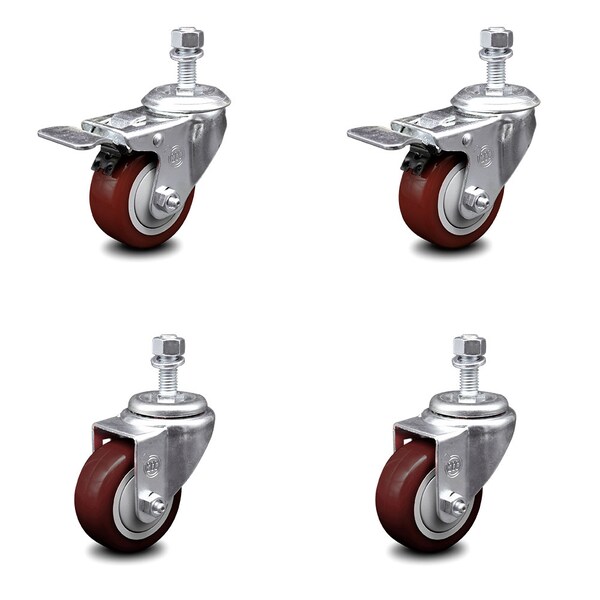 Service Caster 3 Inch Maroon Polyurethane Swivel 12mm Stem Caster Total Lock Brake, 2PK SCC-TSTTL20S314-PPUB-MRN-M1215-2-S-2 - main